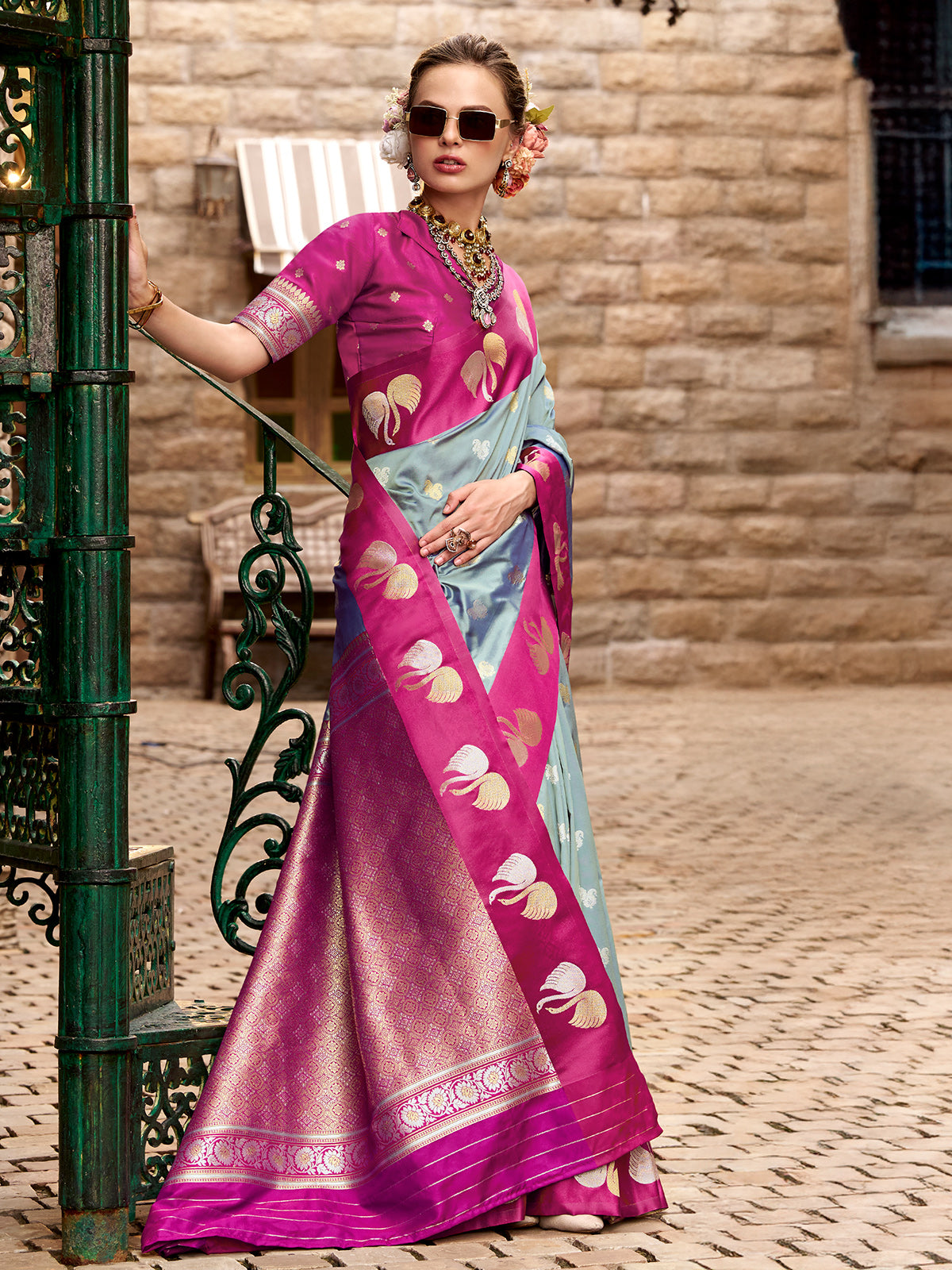 Grey satin silk drape with elegant zari