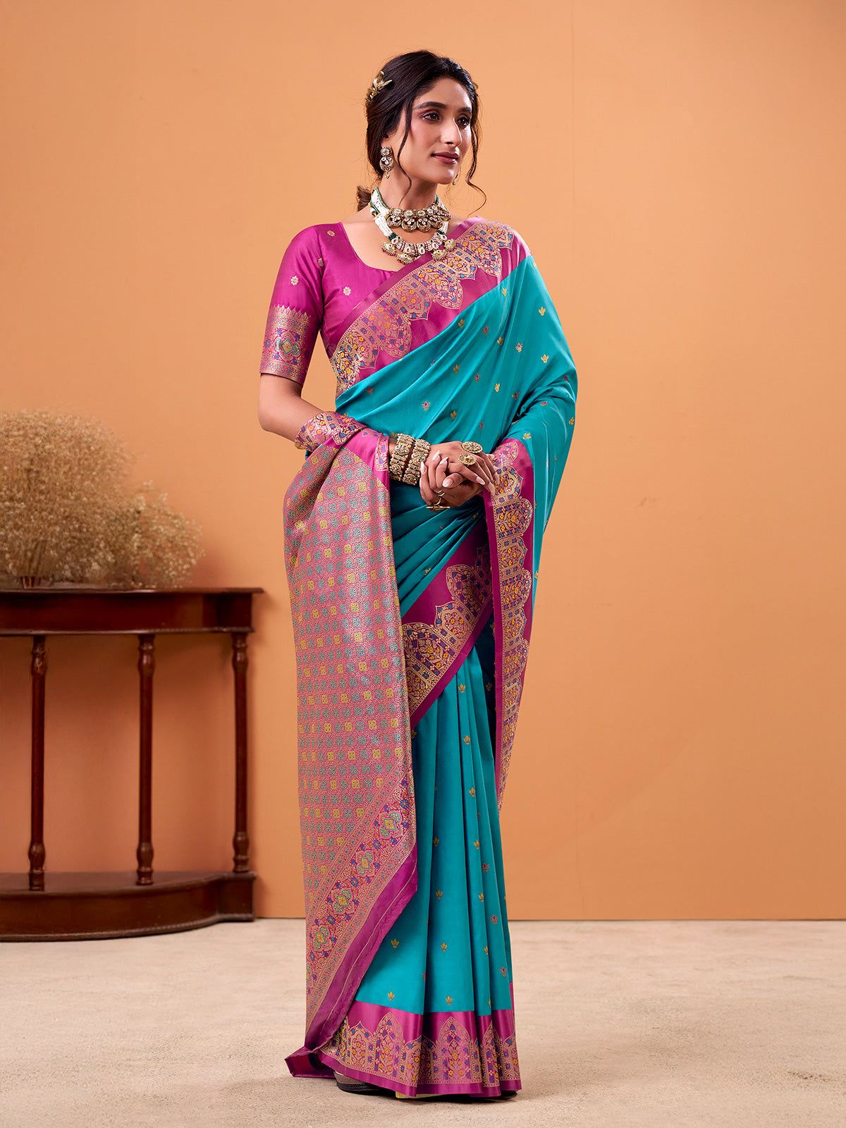 Grey satin silk saree with zari motifs