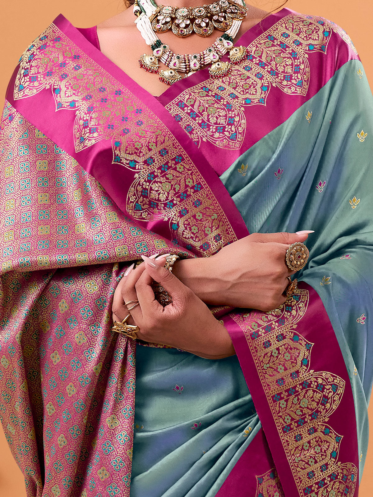 Grey satin silk saree with zari motifs
