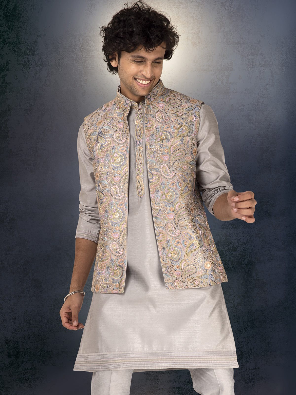 Grey silk embroidered and sequined waistcoat set ensemble