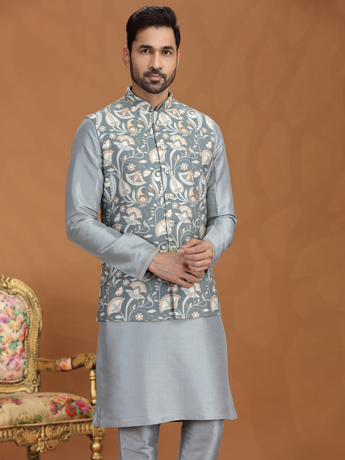 Grey silk printed waistcoat set with zari weaving