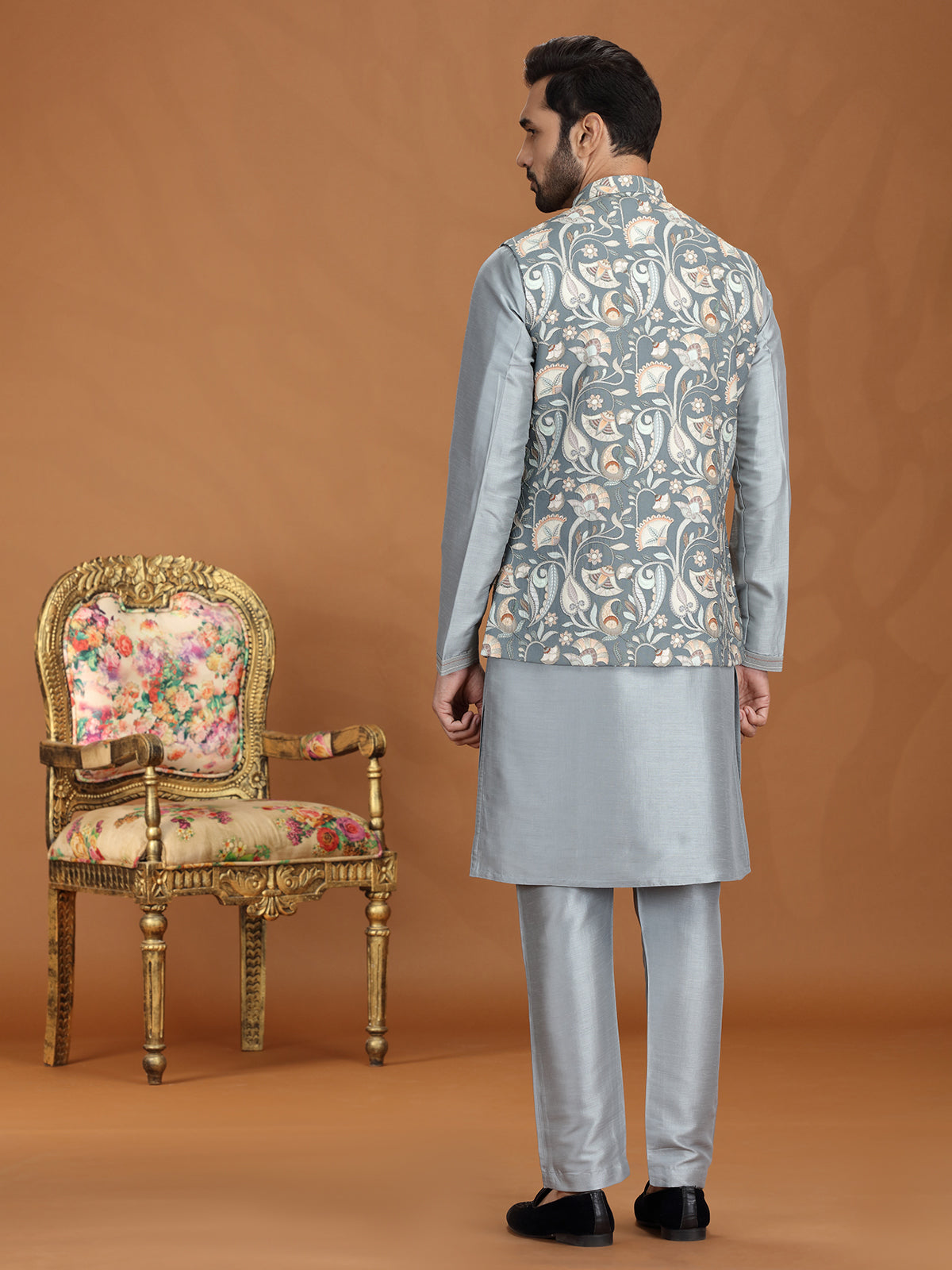 Grey silk printed waistcoat set with zari weaving
