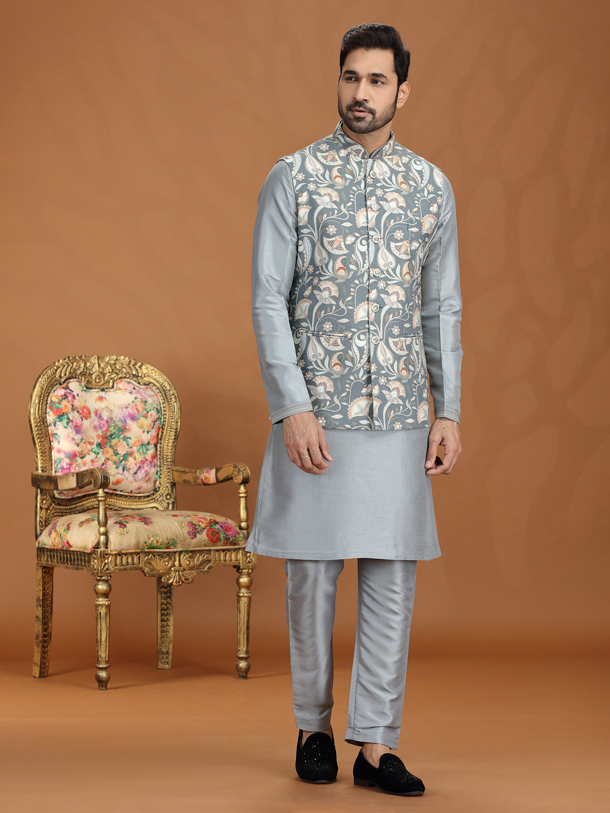 Grey silk printed waistcoat set with zari weaving
