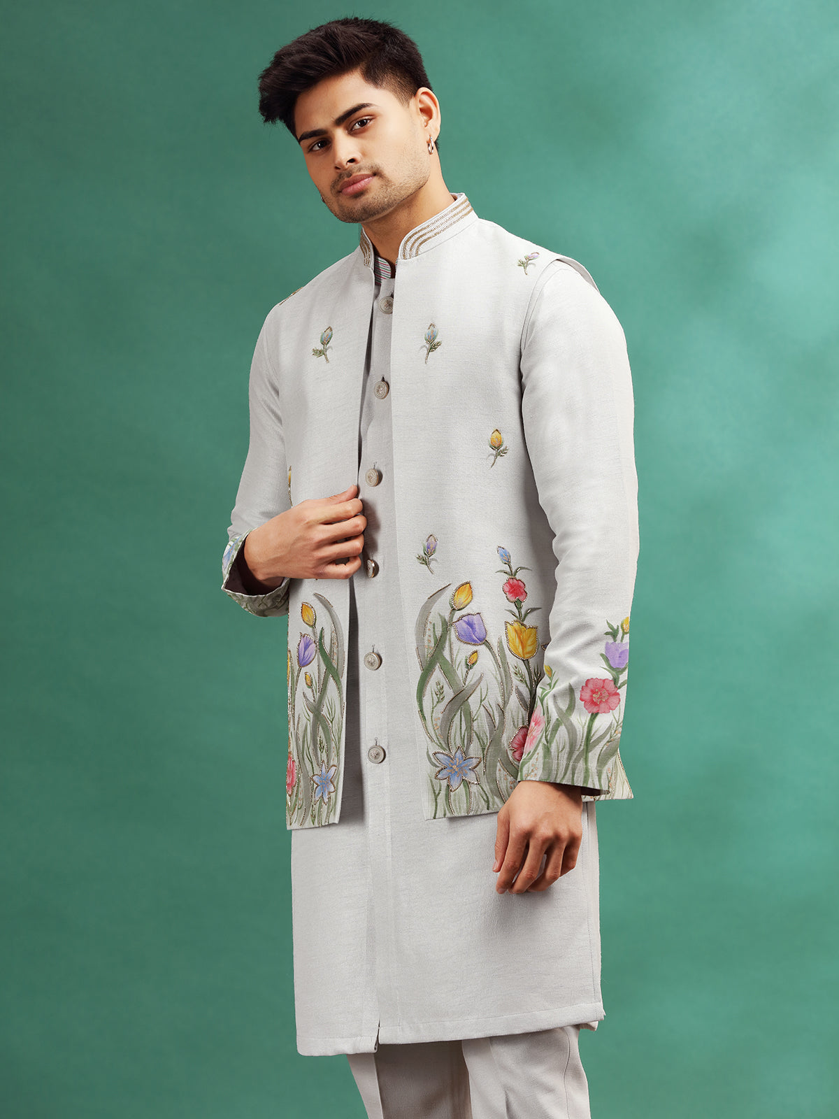 Grey silk wedding wear waistcoat set with hand print