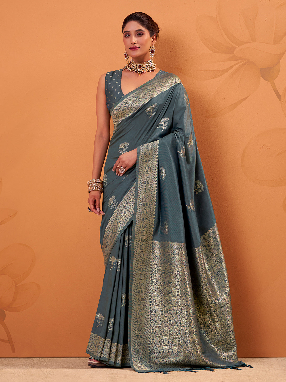 Grey tusser silk festive saree with zari detailing