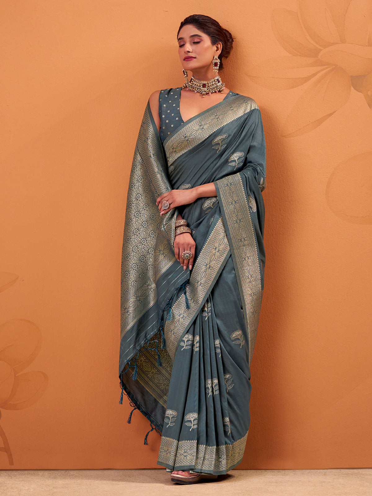 Grey tusser silk festive saree with zari detailing