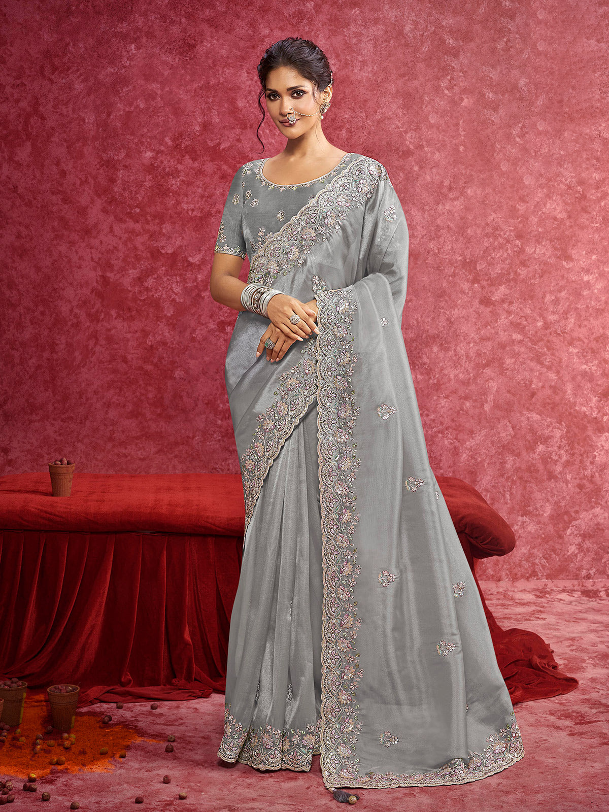 Grey wedding wear saree in tissue silk