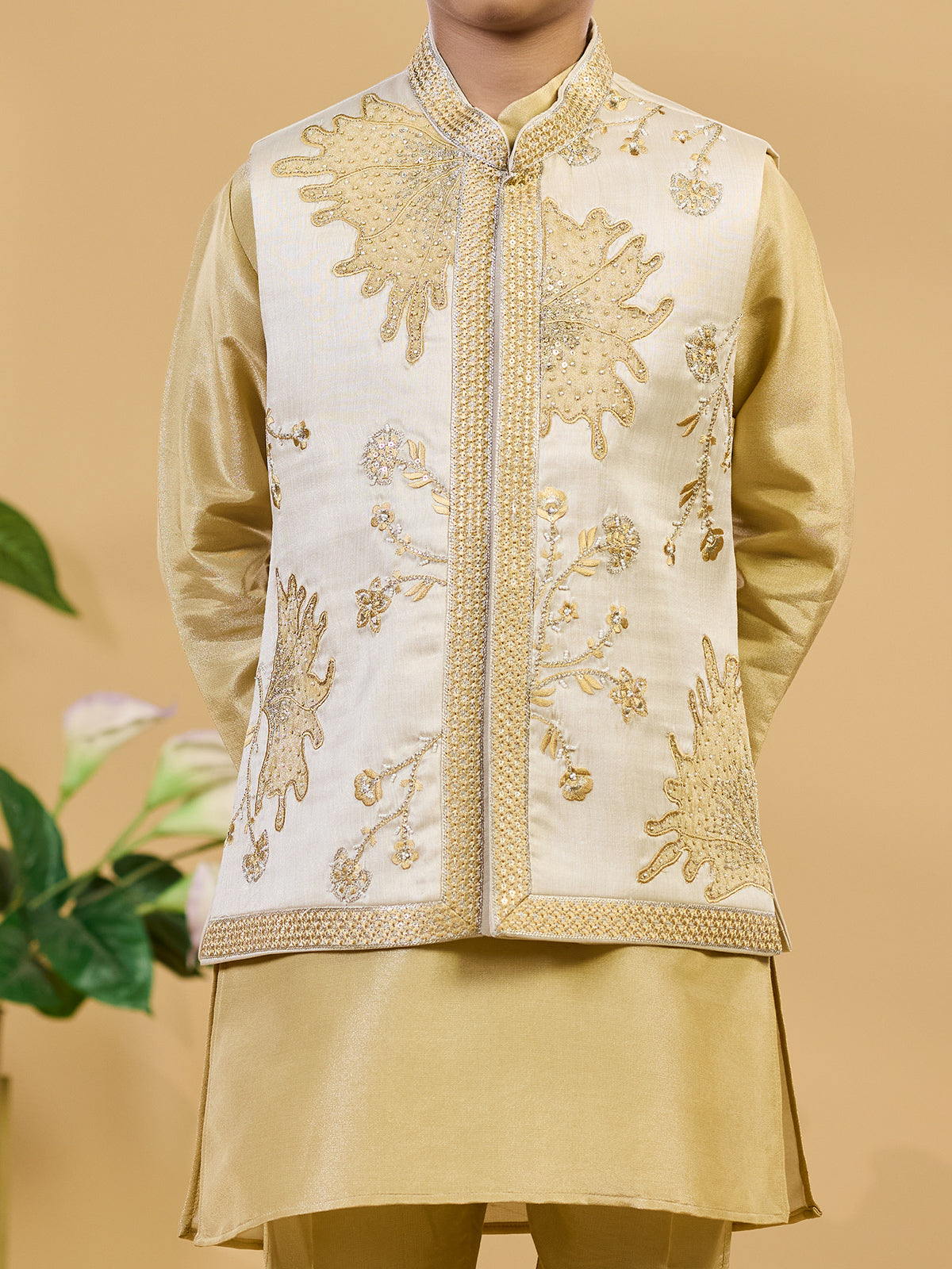 Khaki silk waistcoat set with rich embroidered accents