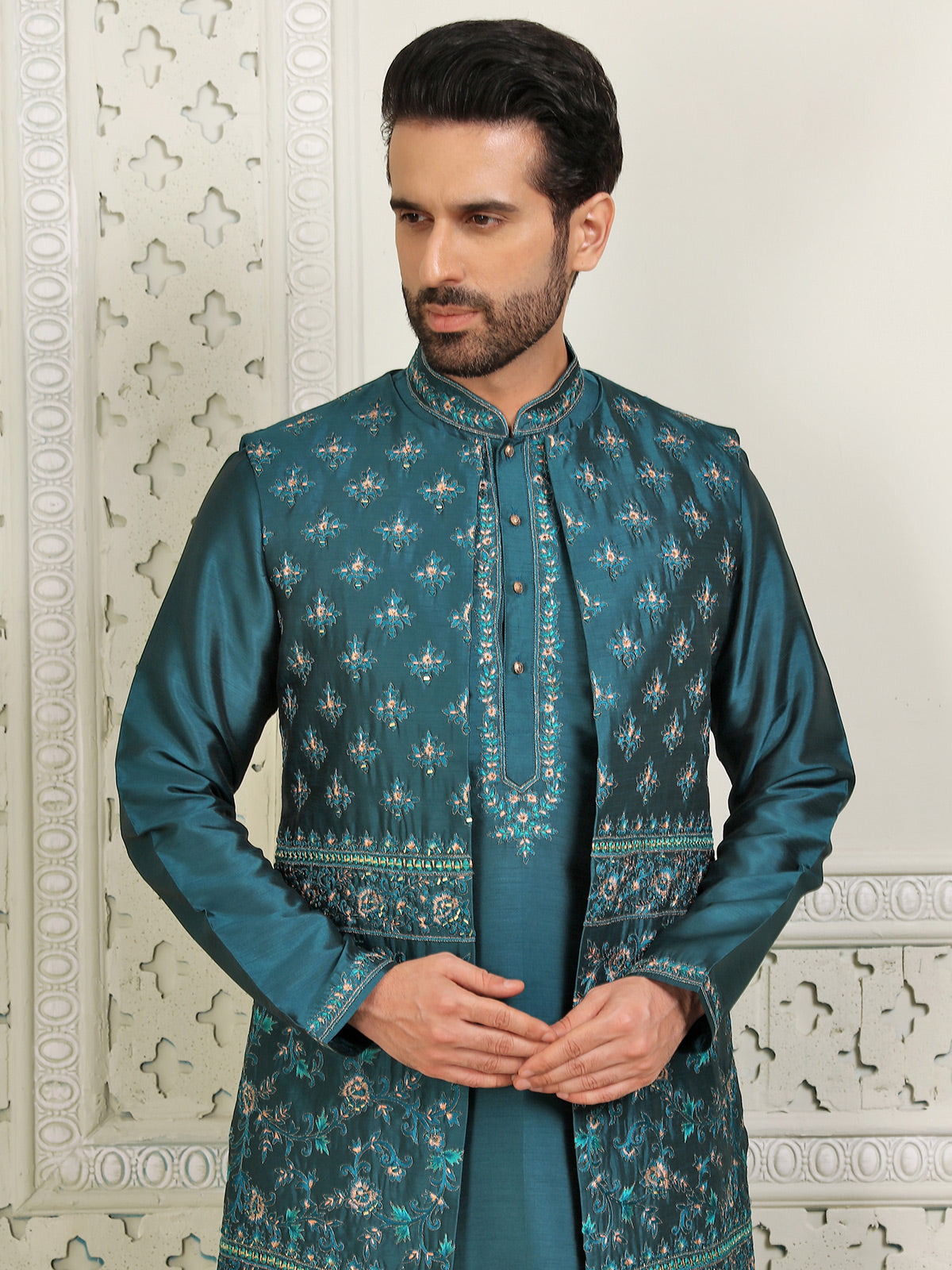 Latast rama green silk indowestern for wedding