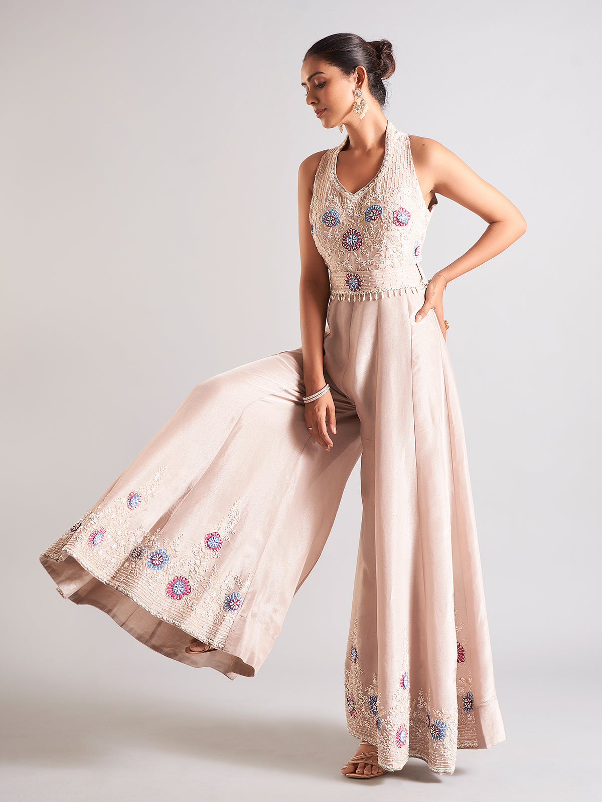 Latest beige silk jump suit