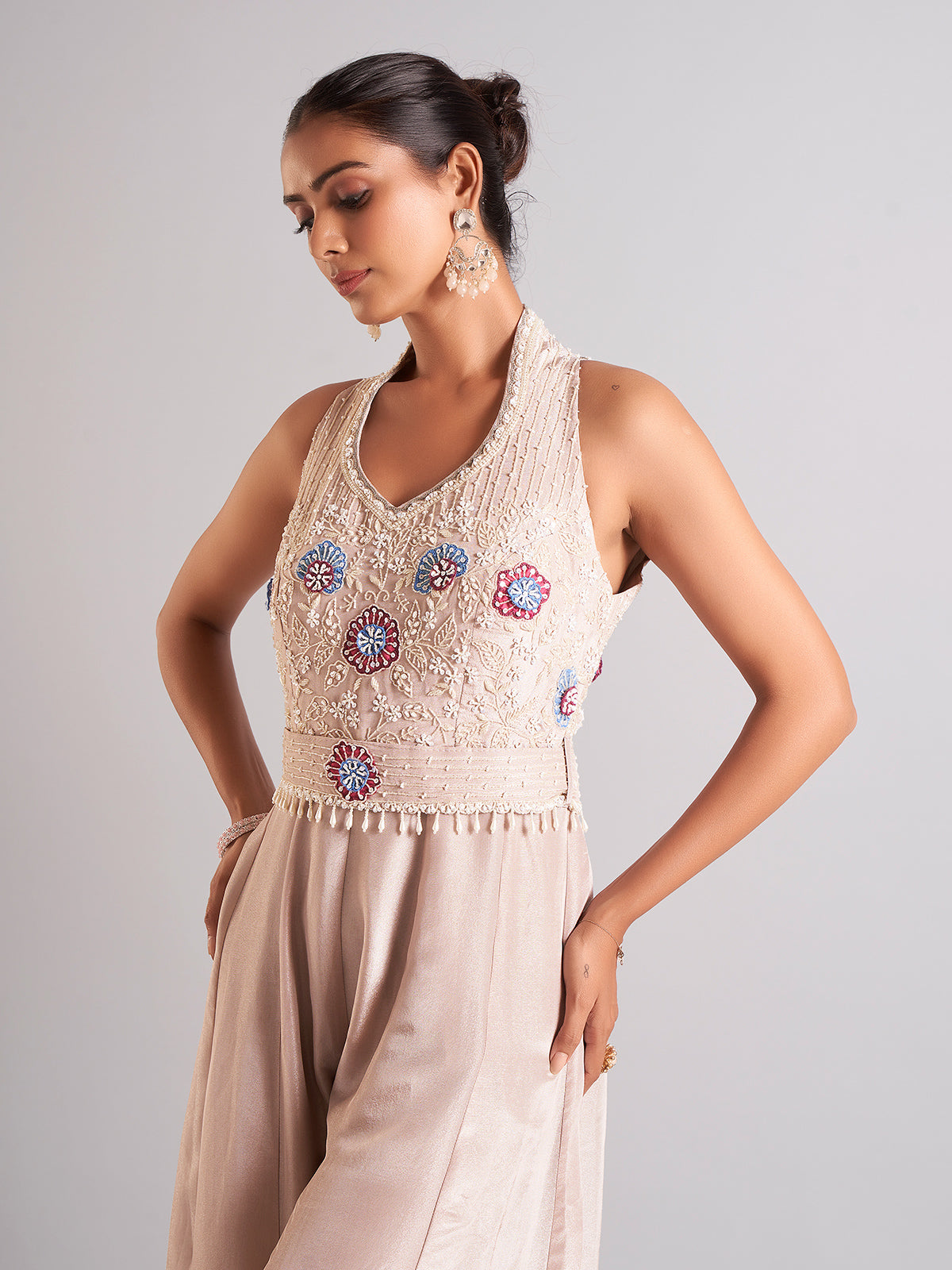 Latest beige silk jump suit
