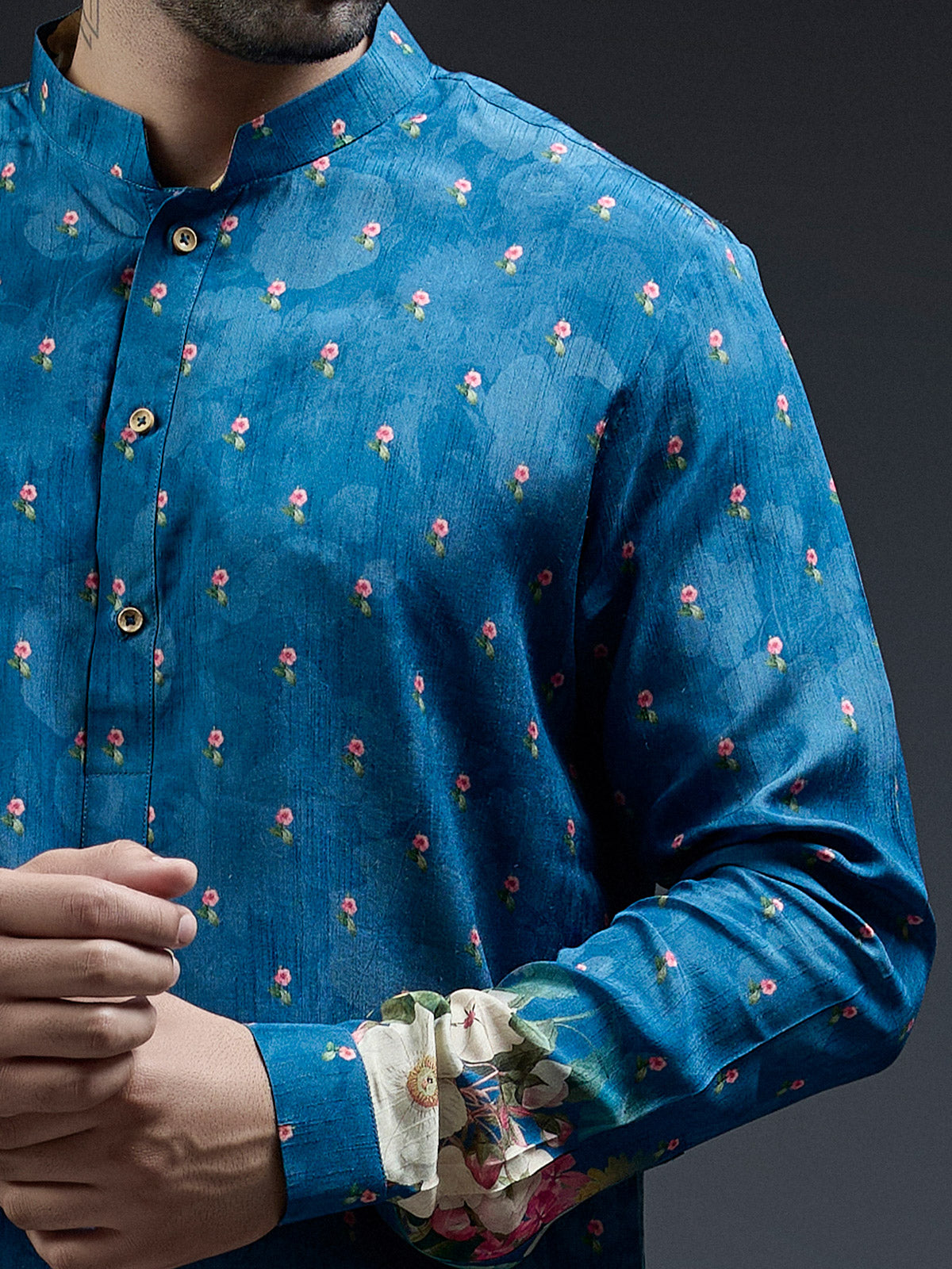 Latest blue flower floral printed kurta suit in silk