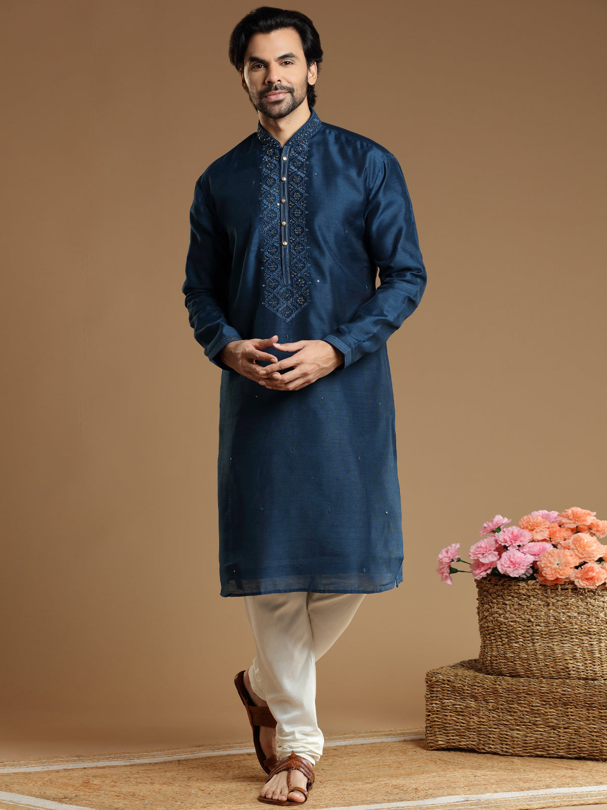 Latest dark blue kurta suit in silk fabric