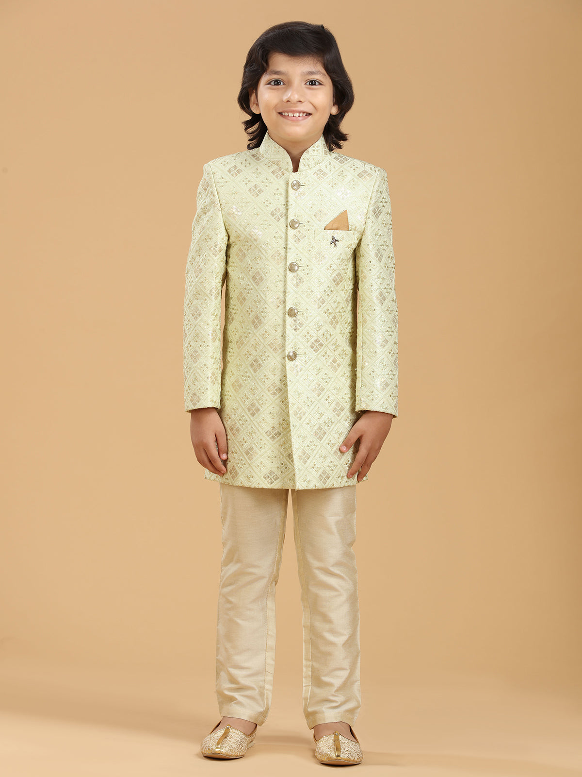 Latest pista green silk indowestern