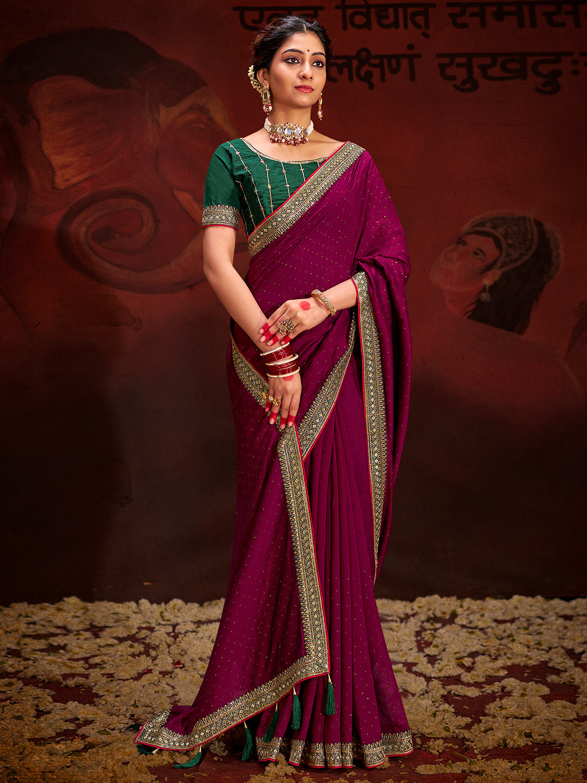 Maroon silk saree for festive celebration