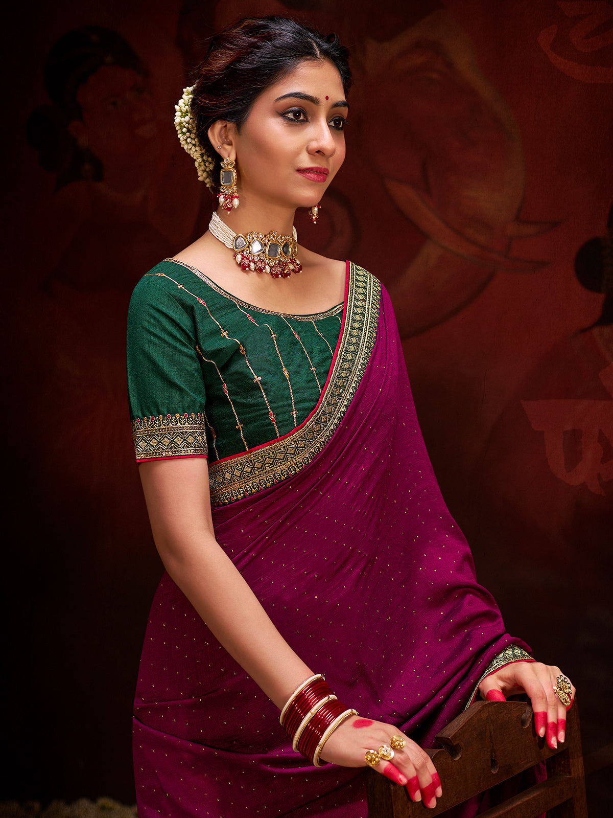 Maroon silk saree for festive celebration