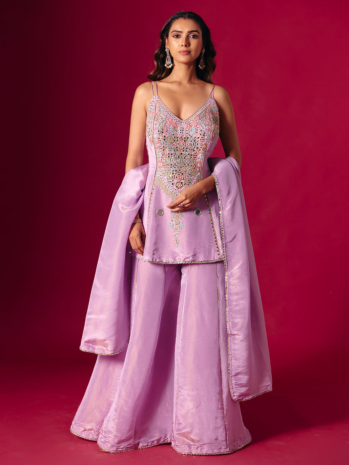Lavender purple silk mirror work palazzo suit