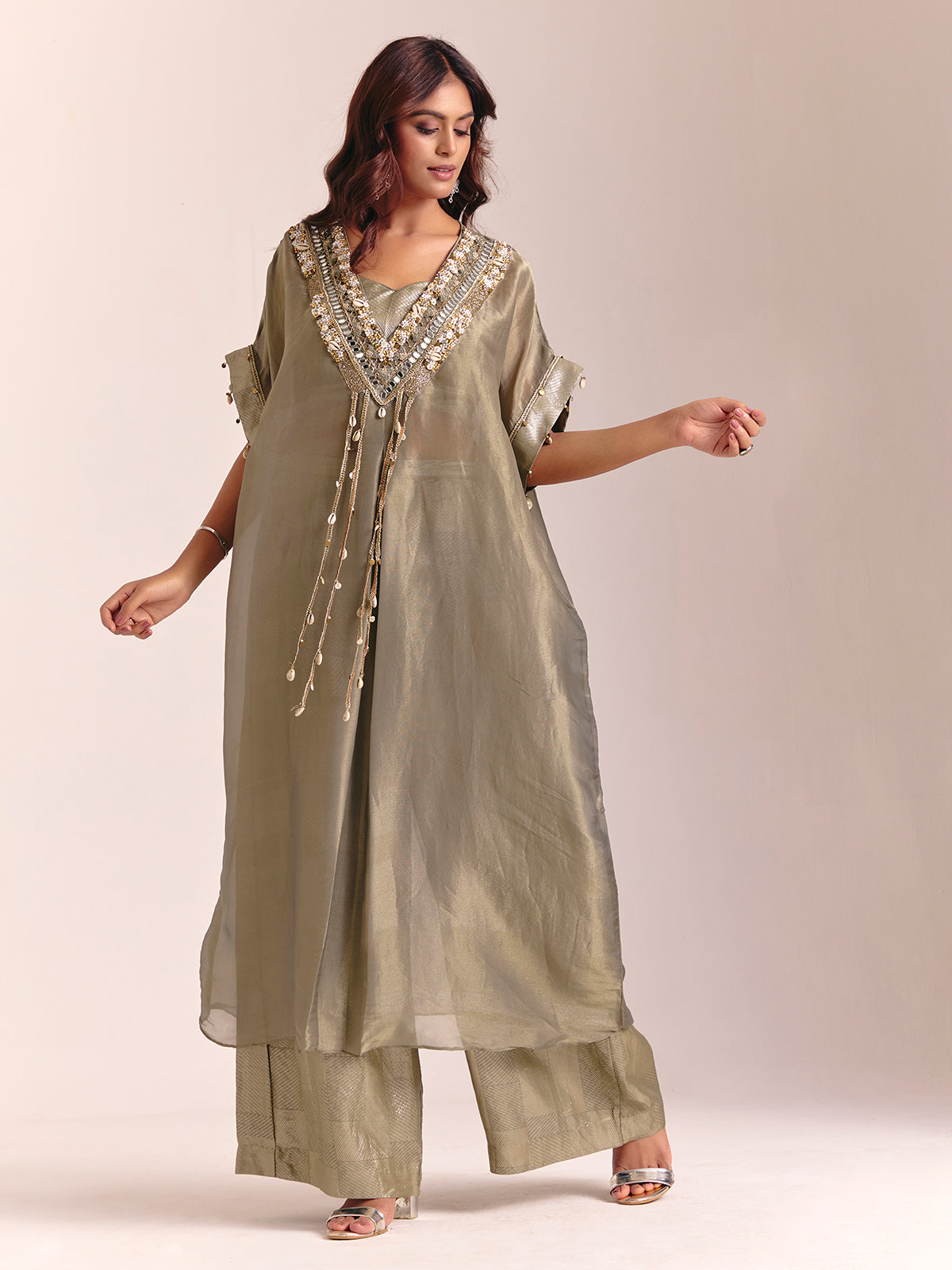 Olive green tissue silk kaftan palazzo suit