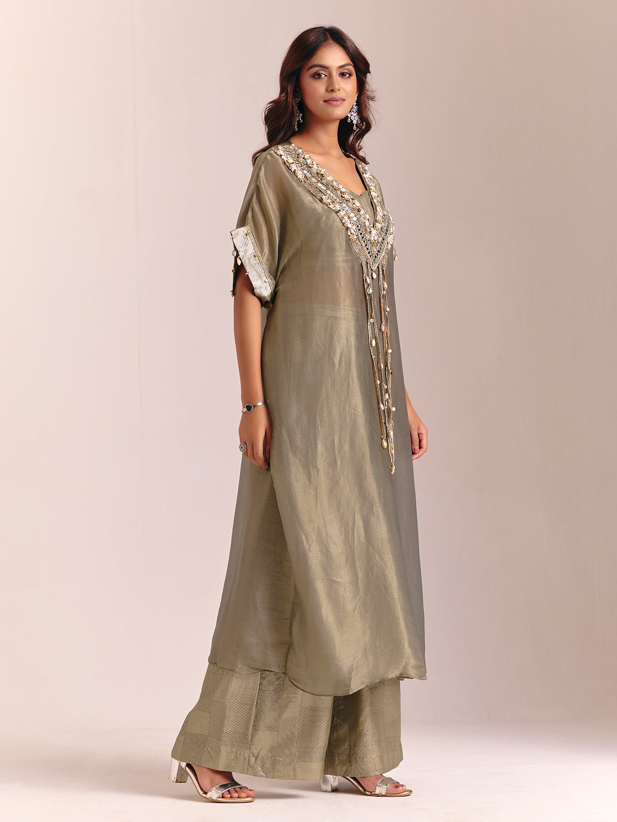 Olive green tissue silk kaftan palazzo suit