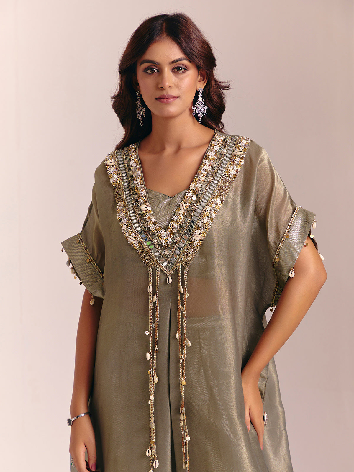 Olive green tissue silk kaftan palazzo suit