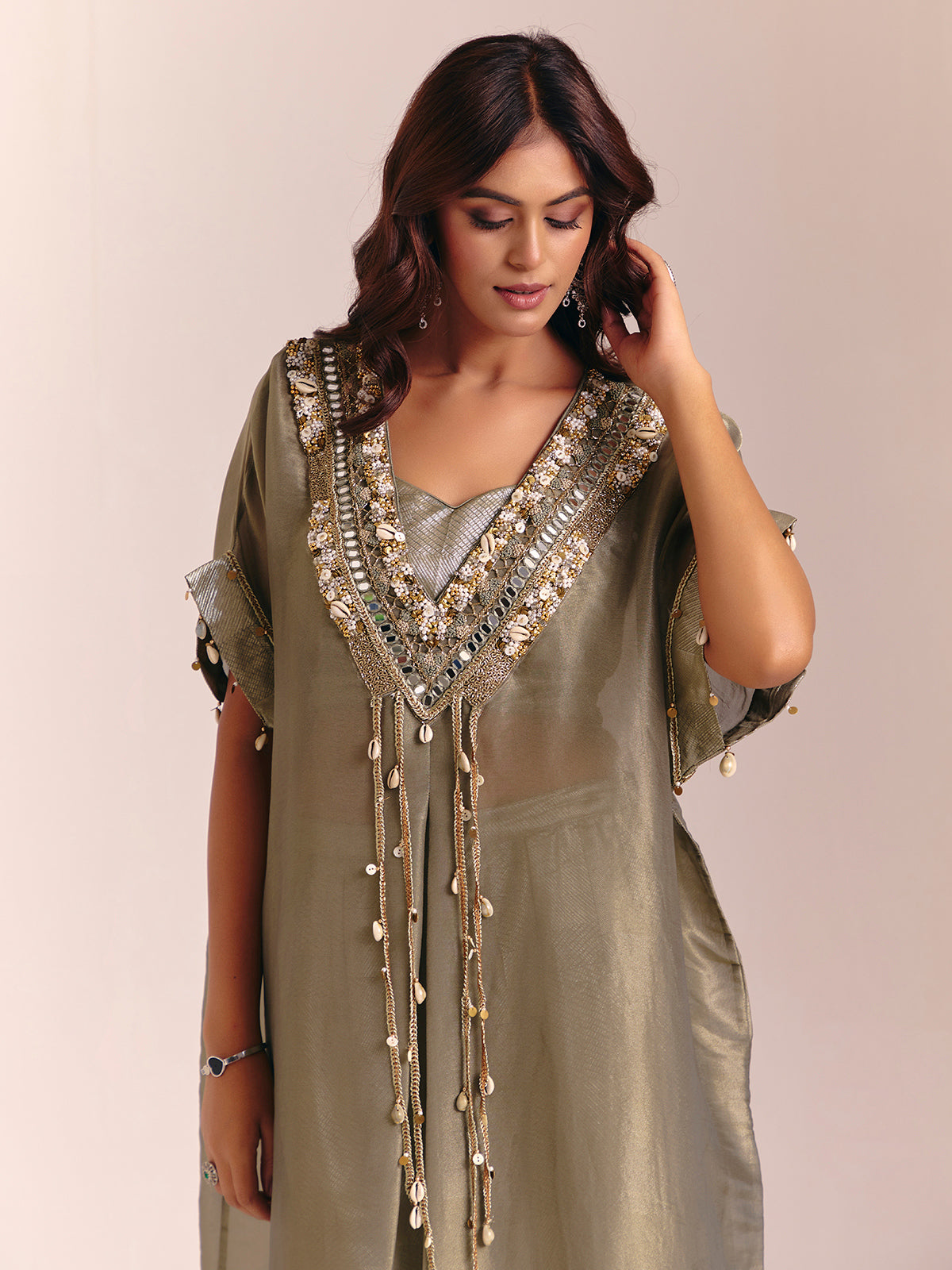 Olive green tissue silk kaftan palazzo suit