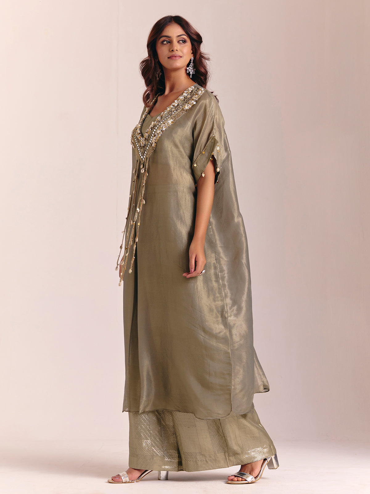 Olive green tissue silk kaftan palazzo suit