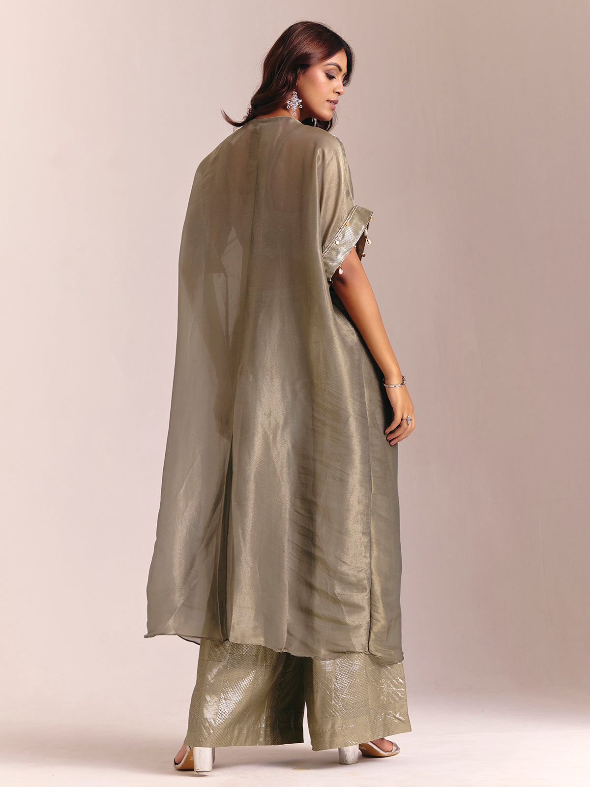 Olive green tissue silk kaftan palazzo suit