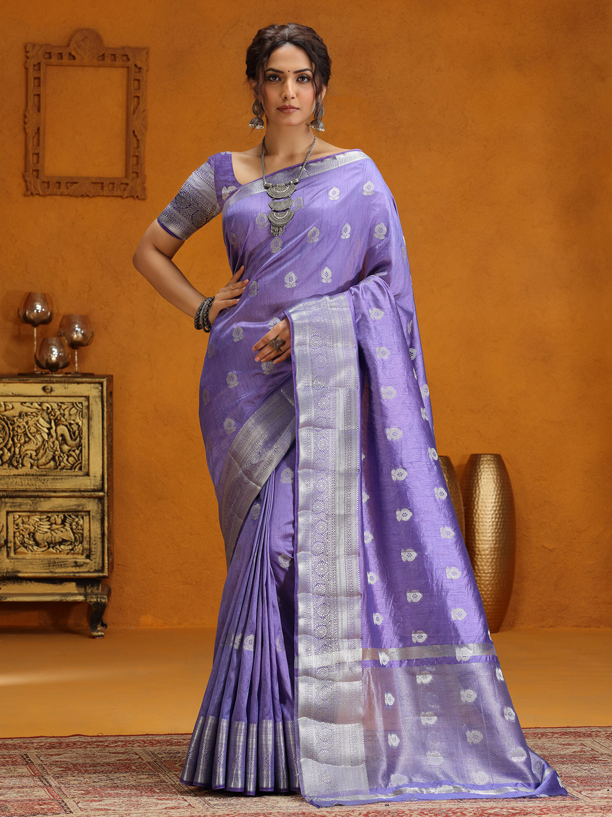 Lavender silk saree with zari weaving