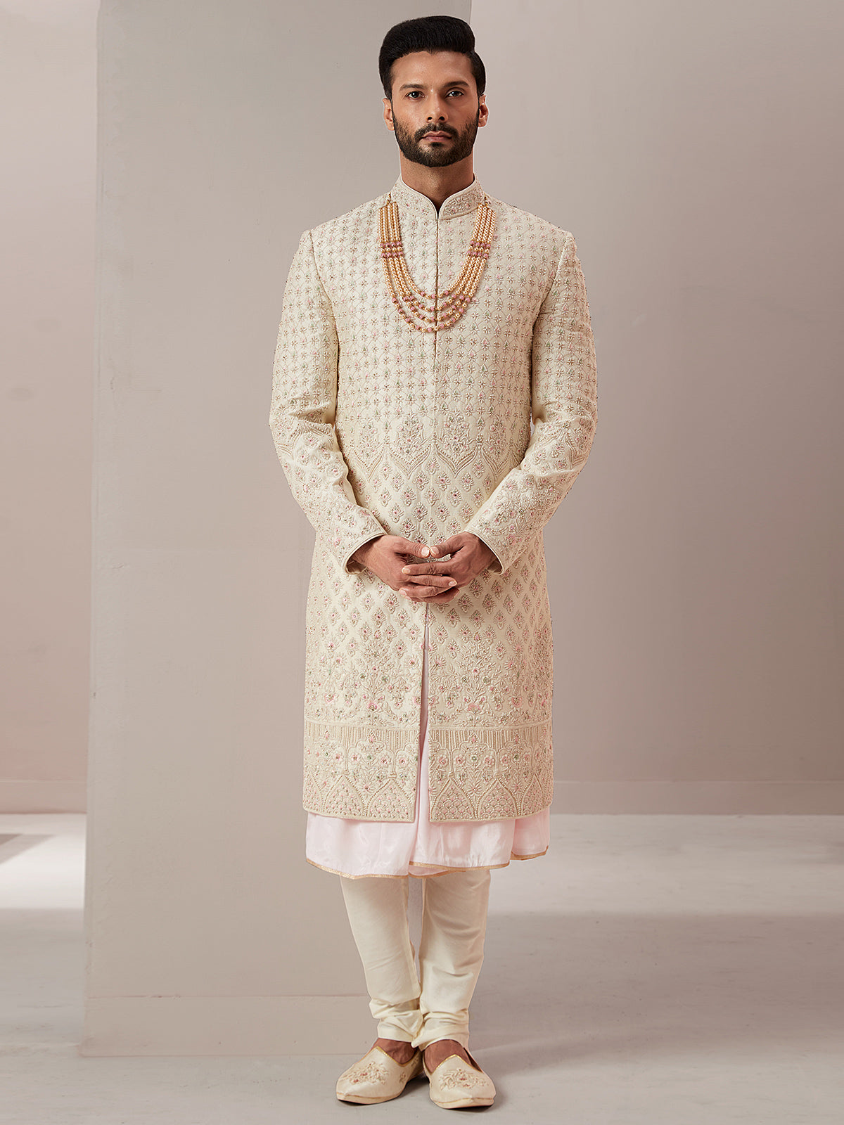 Lavish groom and wedding raw silk sherwani in peach