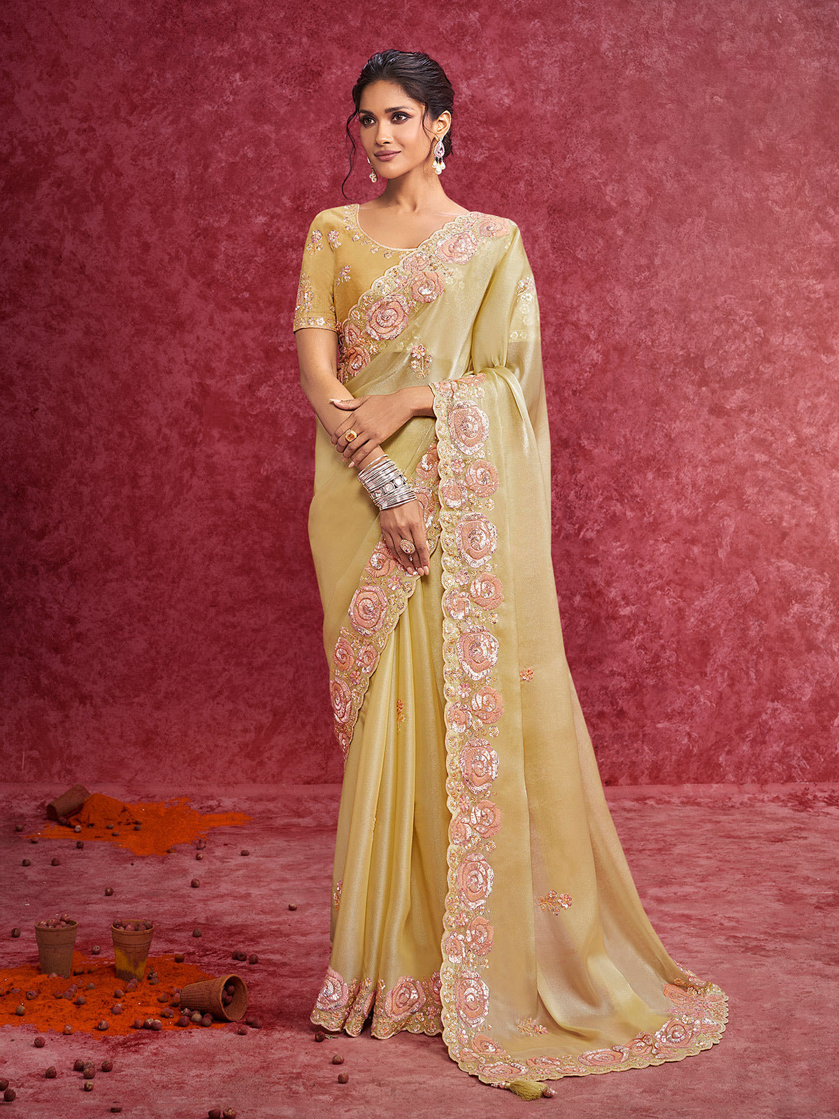 Lemon yellow festive wear tissue silk saree