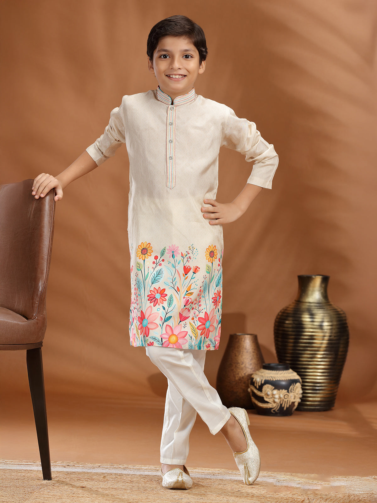 Light beige silk printed kurta suit