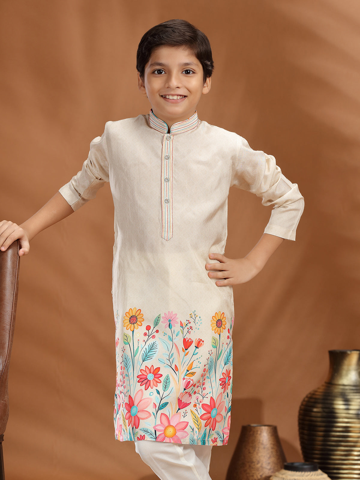 Light beige silk printed kurta suit