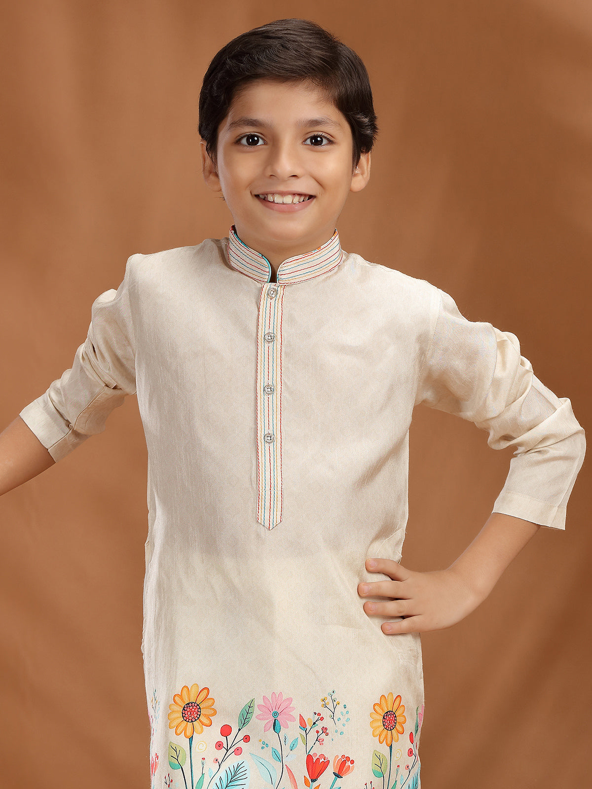 Light beige silk printed kurta suit