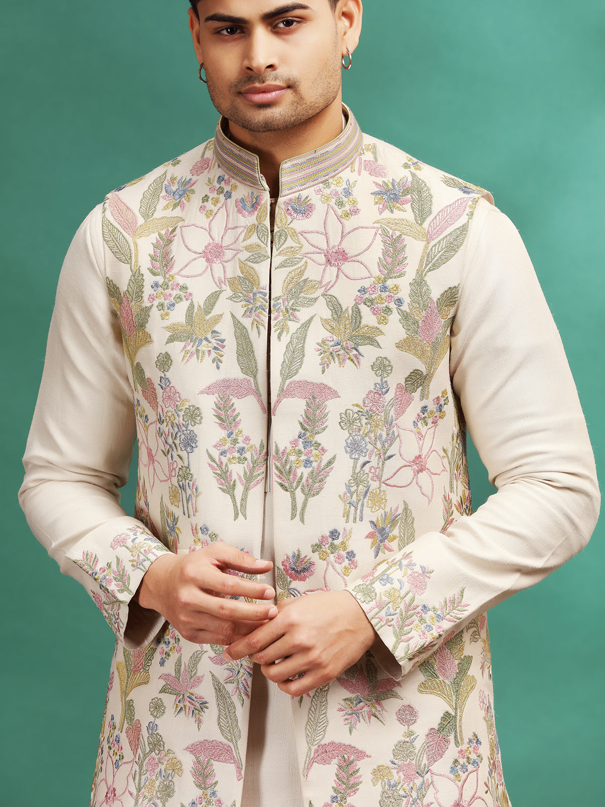 Light beige wedding wear silk waistcoat set for men