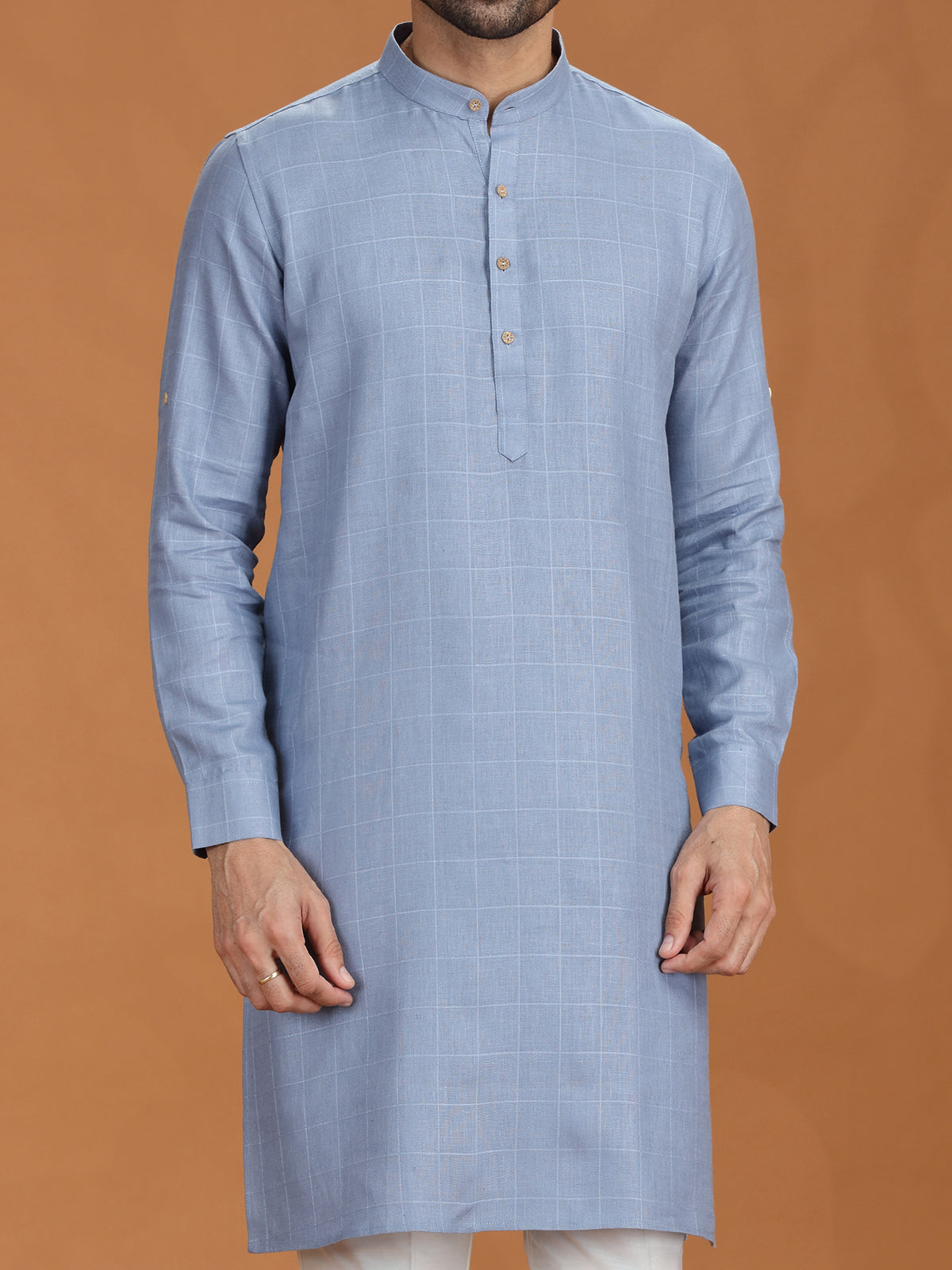 Light blue checked festive linen kurta