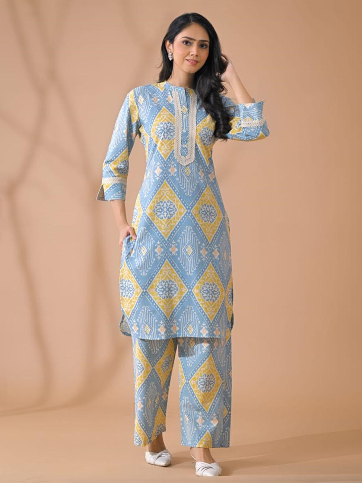 Light blue silk printed kurti palazzo set