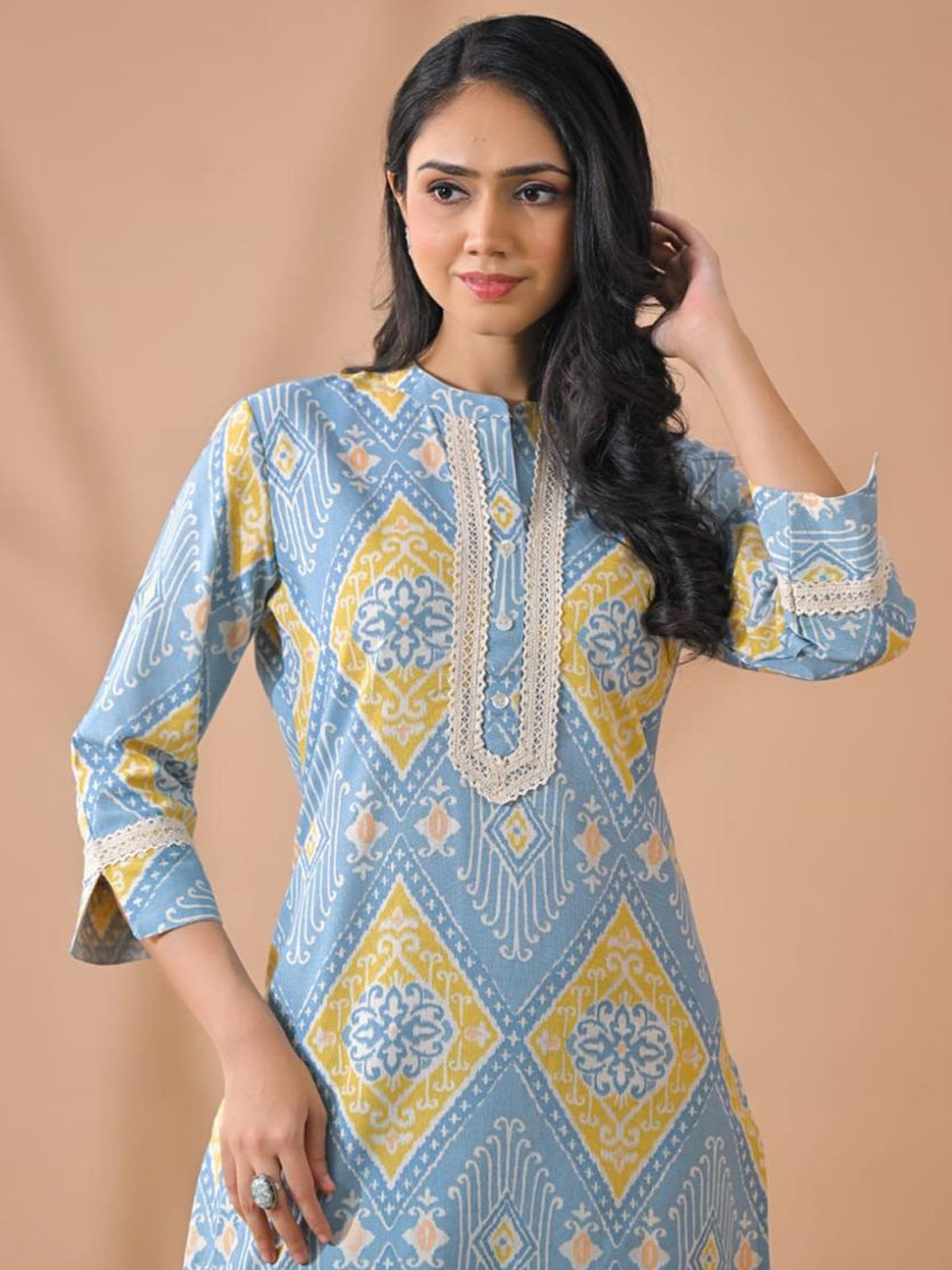 Light blue silk printed kurti palazzo set