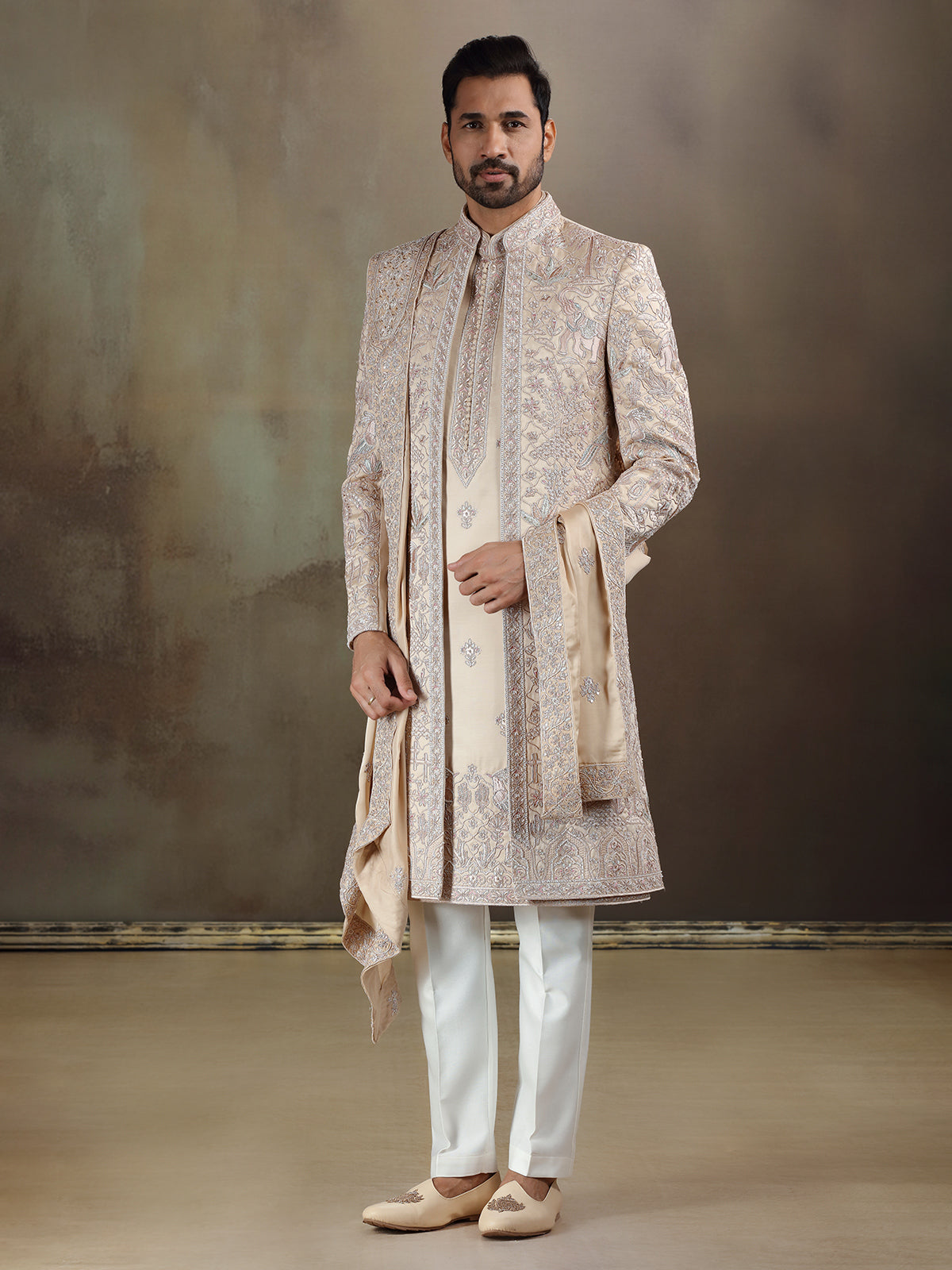 Light gold crochet long jacket sherwani with dupatta