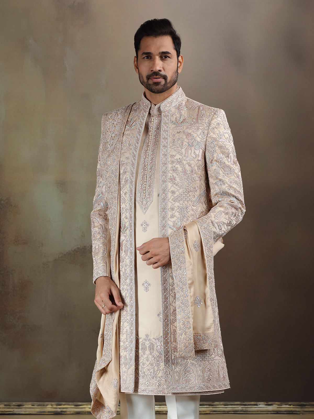 Light gold crochet long jacket sherwani with dupatta