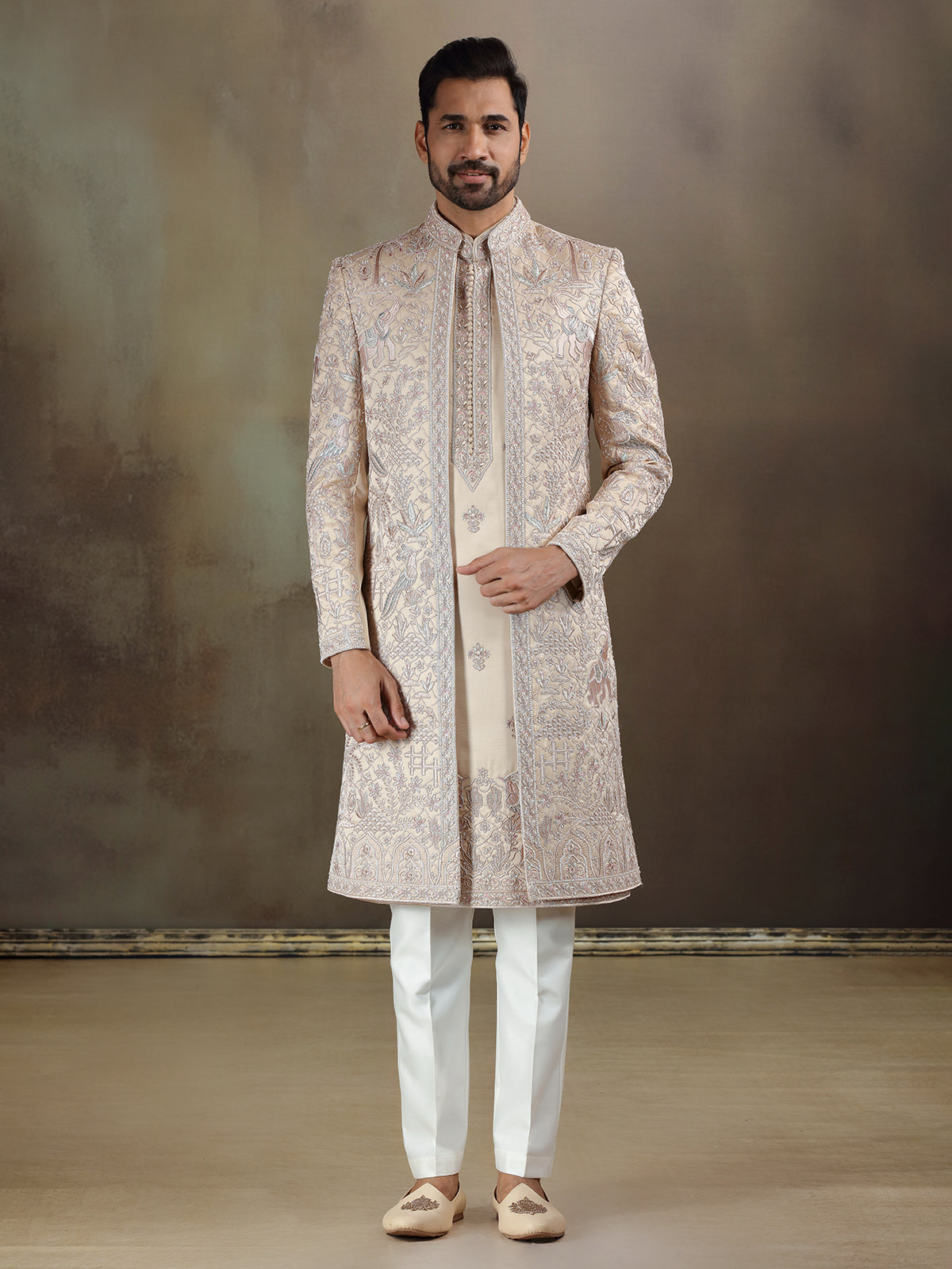 Light gold crochet long jacket sherwani with dupatta