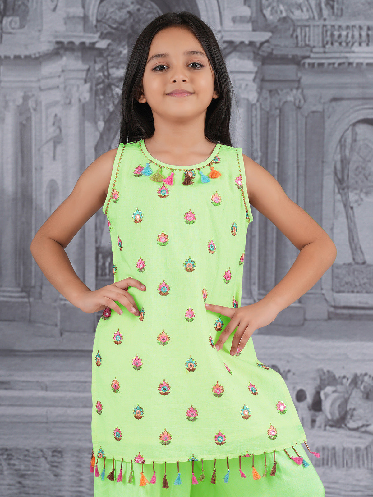 Light green cotton silk embellished palazzo suit