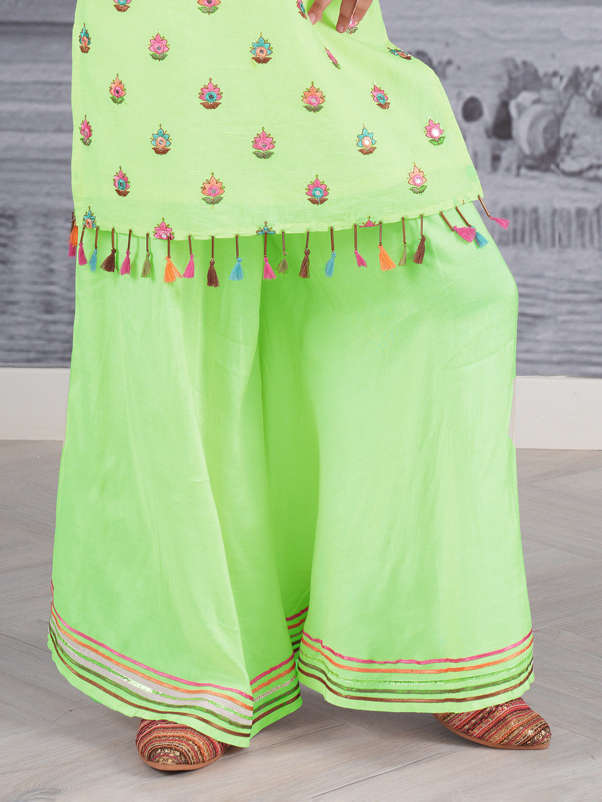 Light green cotton silk embellished palazzo suit
