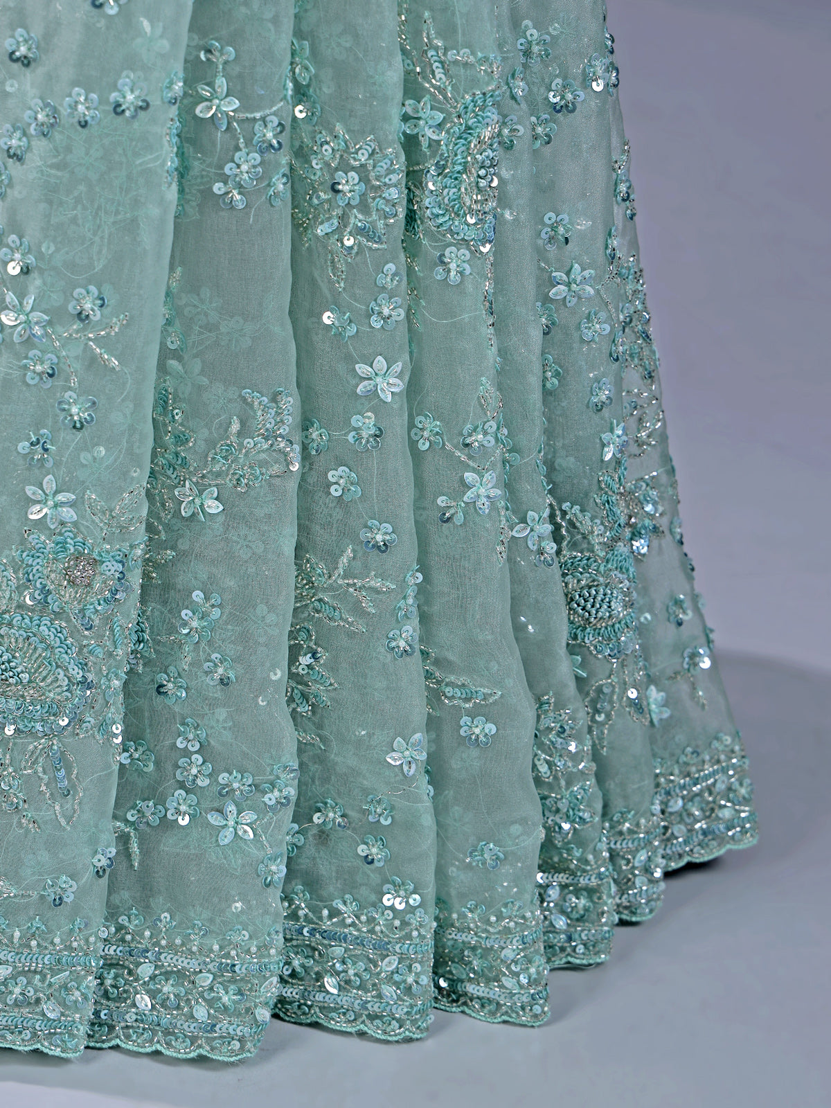 Light green organza saree with beaded detailing