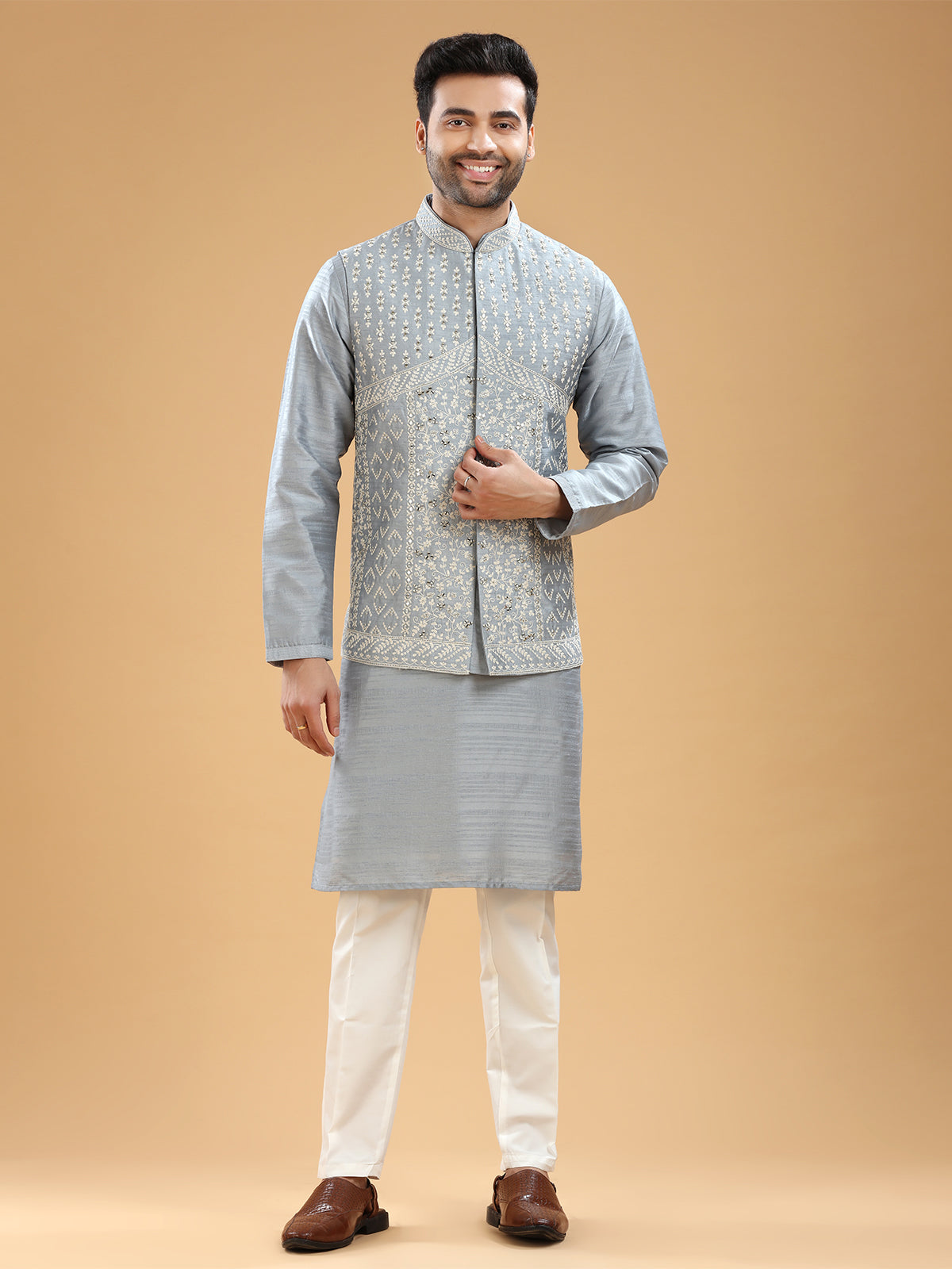 Light grey silk embroidery waistcoat set