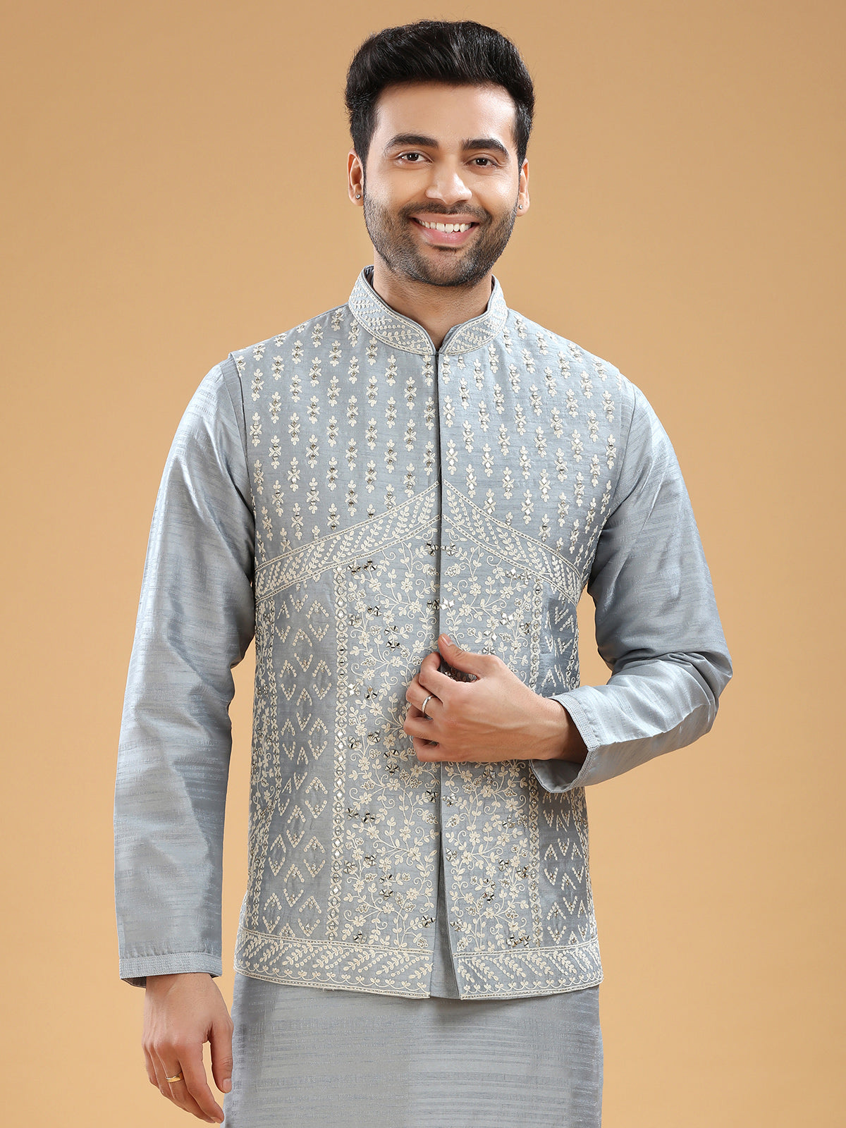 Light grey silk embroidery waistcoat set