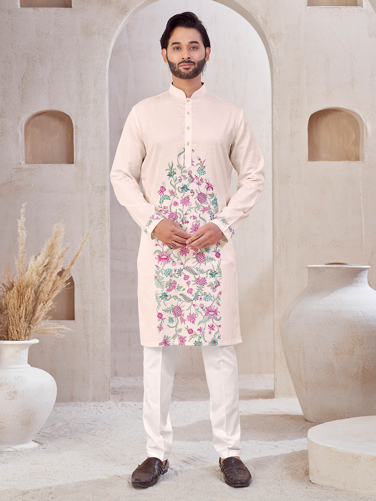 Light Pink cotton men kurta suit with print