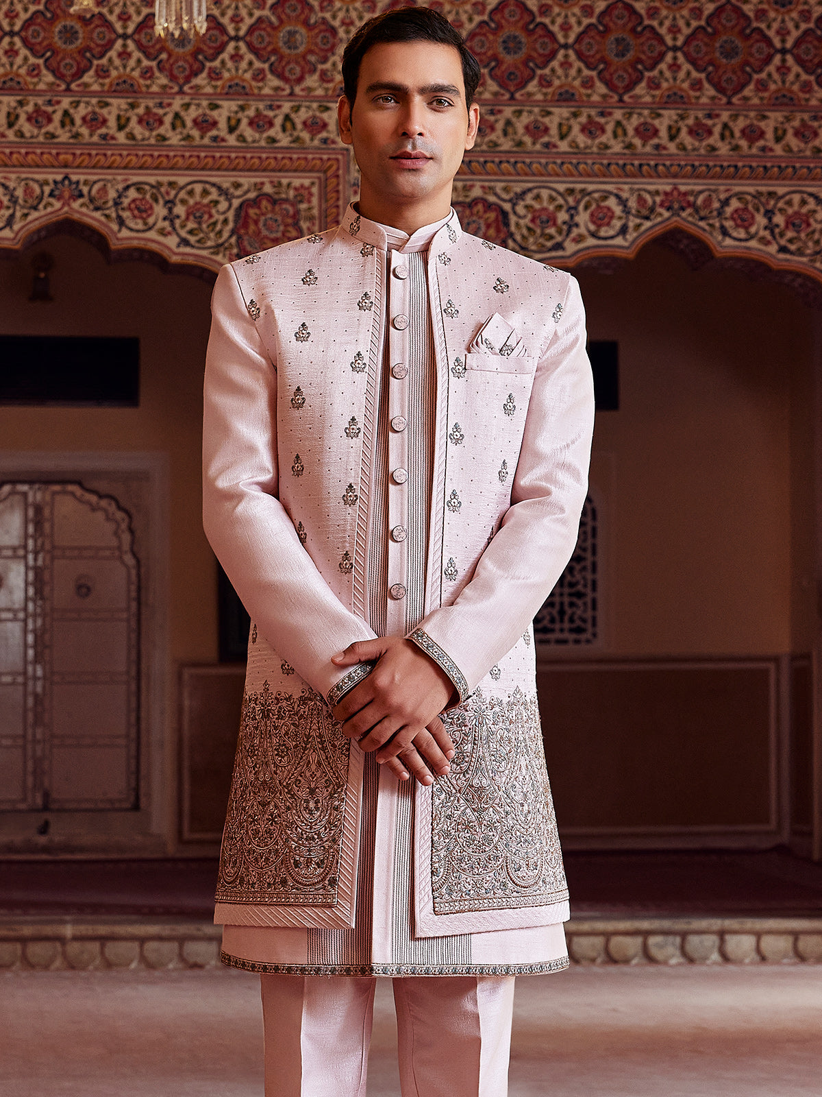 Light pink finest raw silk indo western for men