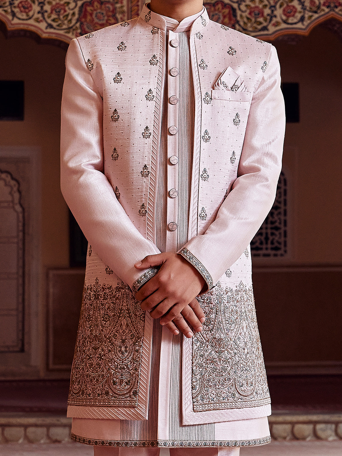 Light pink finest raw silk indo western for men
