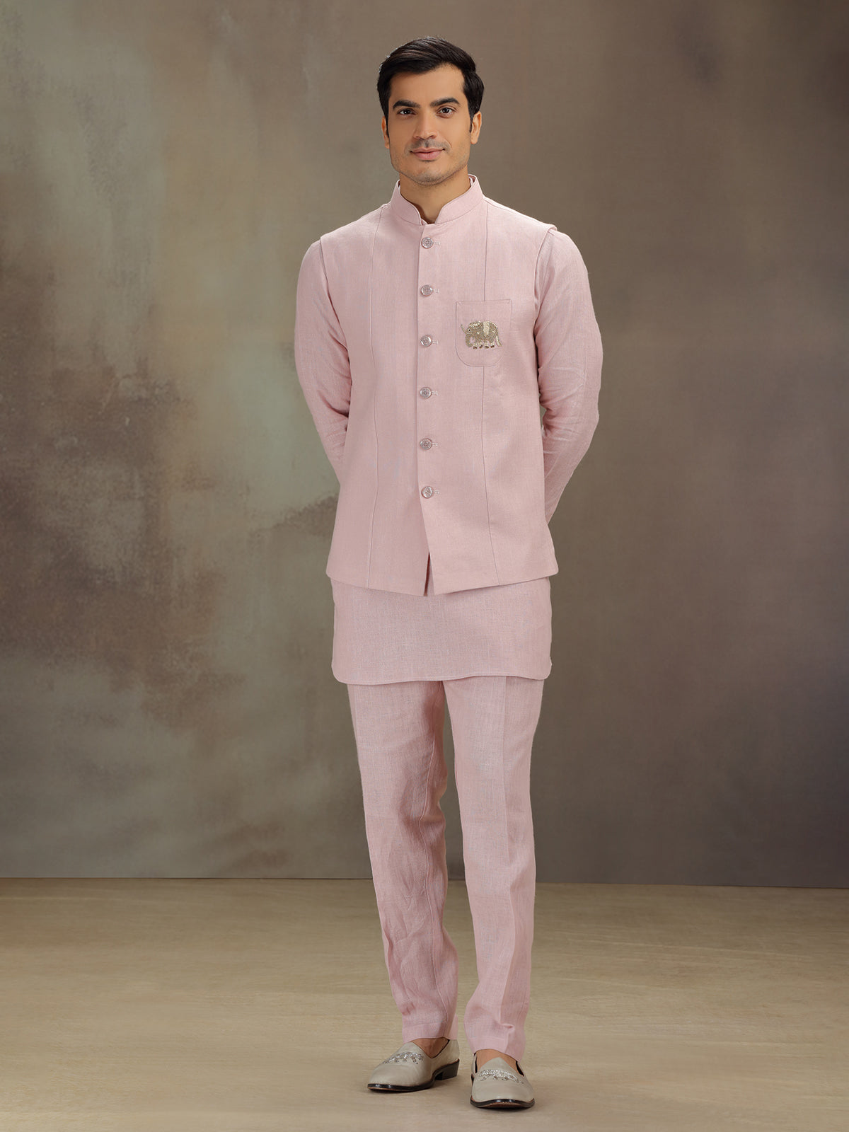 Light pink linen waistcoat set for men