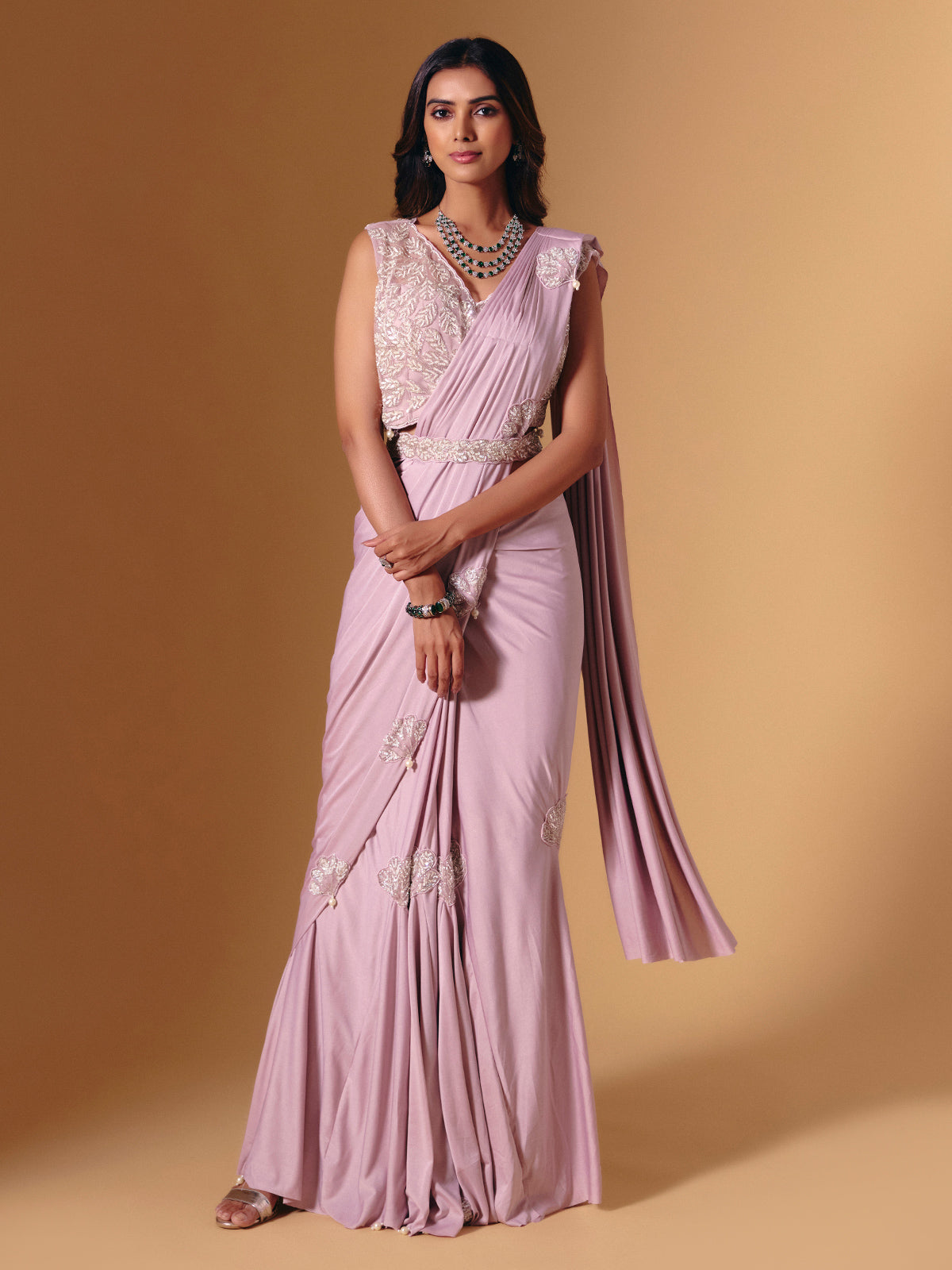Light pink lycra saree with shimmering pearl accents